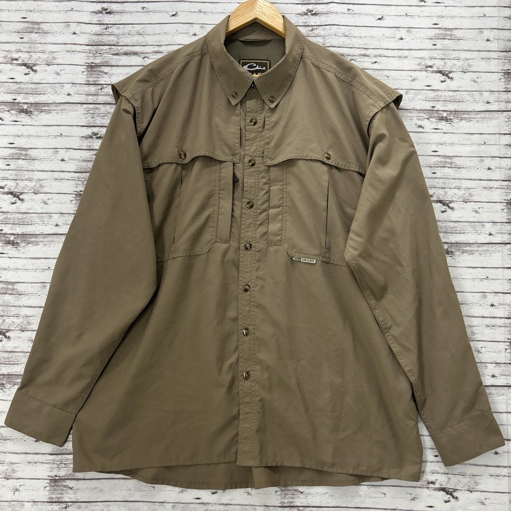 Drake Shirt Men's L Tan Long Sleeve Vented Outdoor Fishing Performance Utility